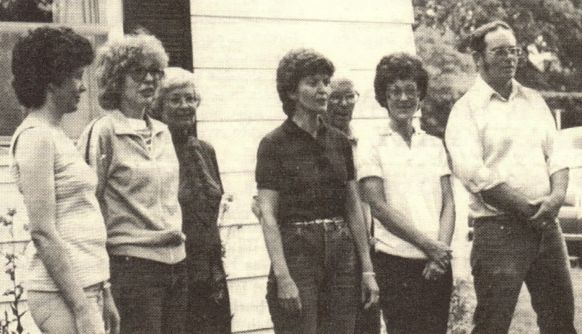 L to R, Joyce Deterding, Janet Horwart, Evelyn Elliott, Mary Williams, Charles Elliott, Myrna Boyer, Bud Elliott, 1982
