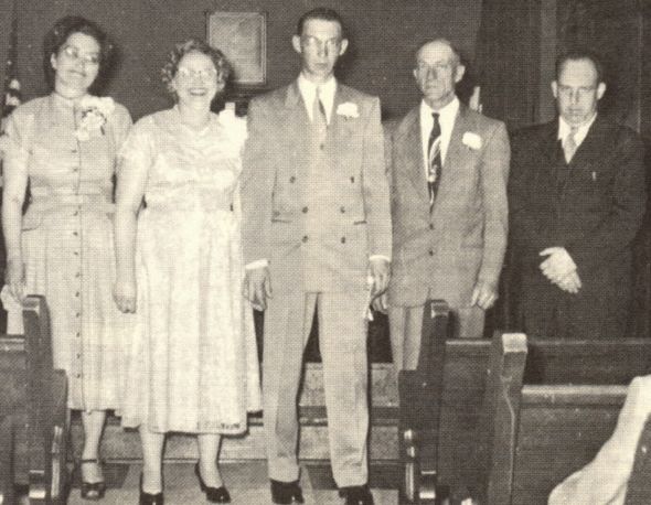 L to R: 'Our Wedding' January 2, 1955. Vera Milander, Lessie Belle (Boyer) Johnson, John Ferguson, Glen Milander, Rev. Raecher