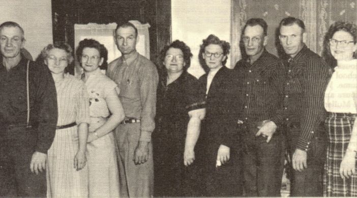 Boyer Family April 1953, L to R, Earl, Erma, Luceil, Romey, Mable, Bessie, Robert, Roy and Lessie Belle.