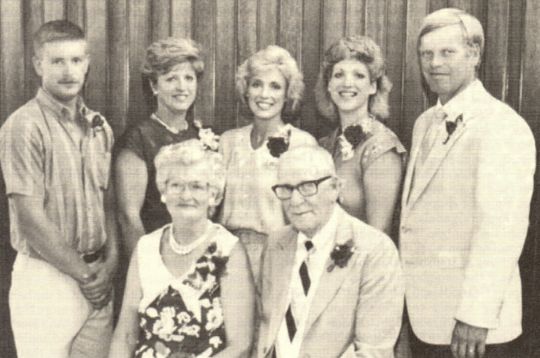 The Buck Brown Family, July 1987. L to R back row: Ernie, Lenora, Linda Vivian and Gordon. Front: Betty and Buck.