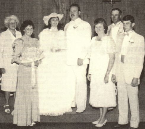 Therese and Ken's wedding May 29, 1987. Virginia Strand, Jim's mother, Bonnie Connelley, Therese and Ken Ehlers, Janet, Jim and John Connelley.
