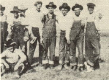 Dry Valley Ball Team - 1923 - E. March, E. Long, G. Marsh, V. Palmgreen, R. Long. J. Carr, F. Long, B. Gering, Jake Marsh sitting down. This was cow pasture baseball, anywhere they could find a place large enough for a diamond.